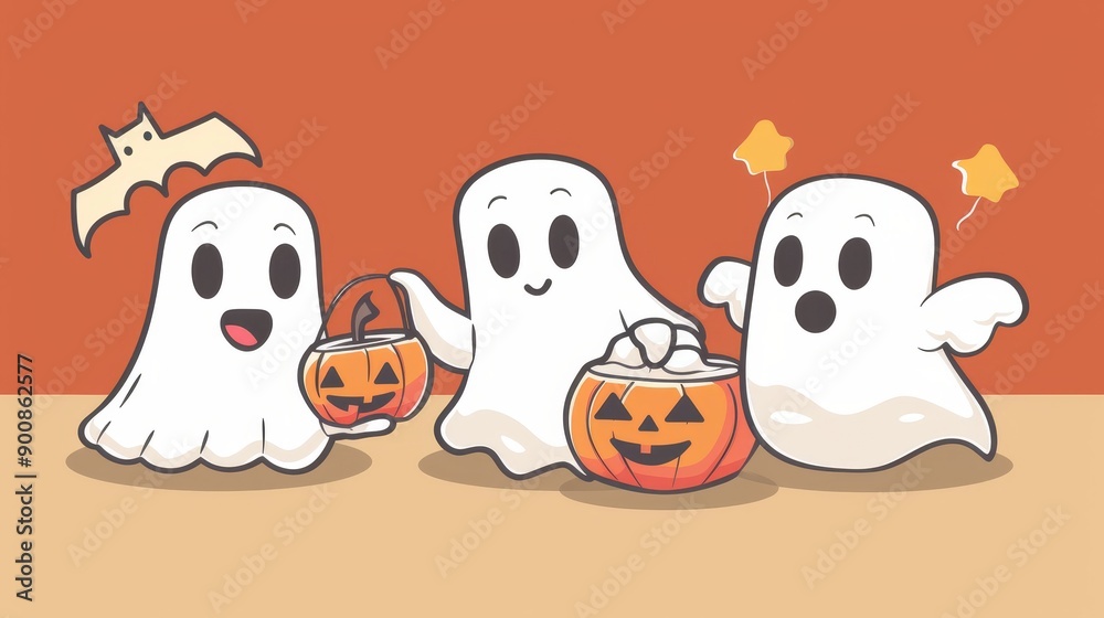 Fototapeta premium Cute ghosts trick-or-treating. Halloween background