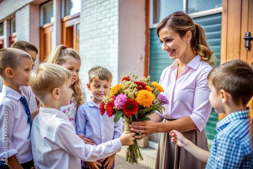 children give flowers to teacher