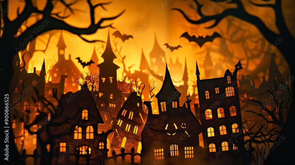 Halloween town silhouette. Spooky details background. Paper cut concept Halloween town silhouette. Spooky details background. Paper cut concept