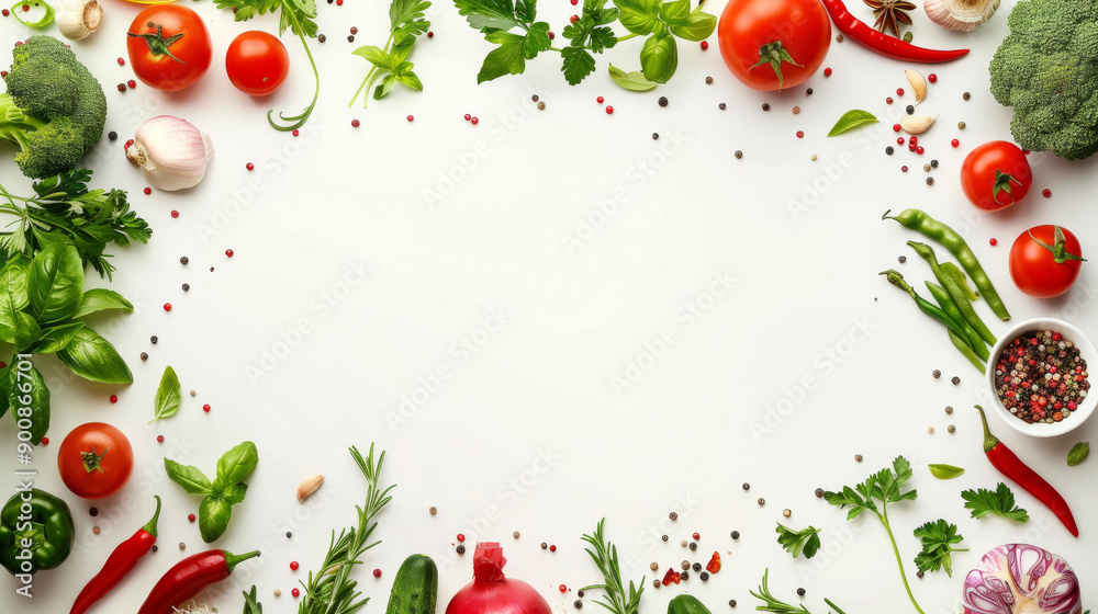 Fresh Vegetables and Herbs Arranged Beautifully on White Background for Culinary Preparation Fresh Vegetables and Herbs Arranged Beautifully on White Background for Culinary Preparation
