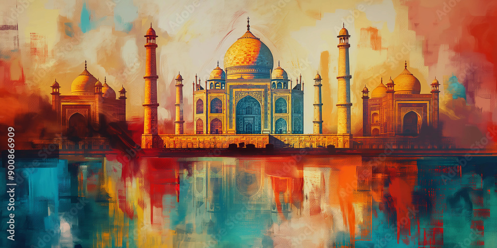 Fototapeta premium Colorful abstract painting of the taj mahal reflecting on water