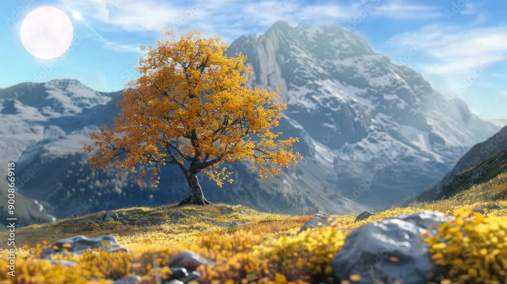 Beautiful yellow leaf trees grow on cool and natural mountains. seamless looping time-lapse virtual 4k video Animation Background. Beautiful yellow leaf trees grow on cool and natural mountains. seamless looping time-lapse virtual 4k video Animation Background.