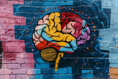 Vibrant graffiti mural of a brain on a brick wall symbolizing creative expression and urban culture in a colorful and dynamic street art style