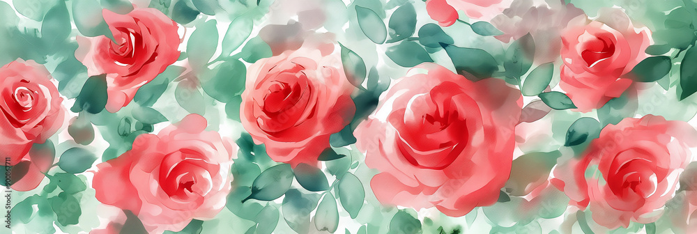 Fototapeta premium Watercolor painting featuring red roses and green leaves