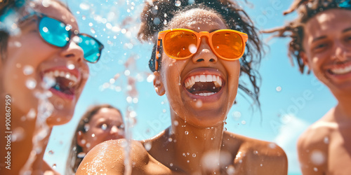 Group of friends having fun together splashing water at the beach