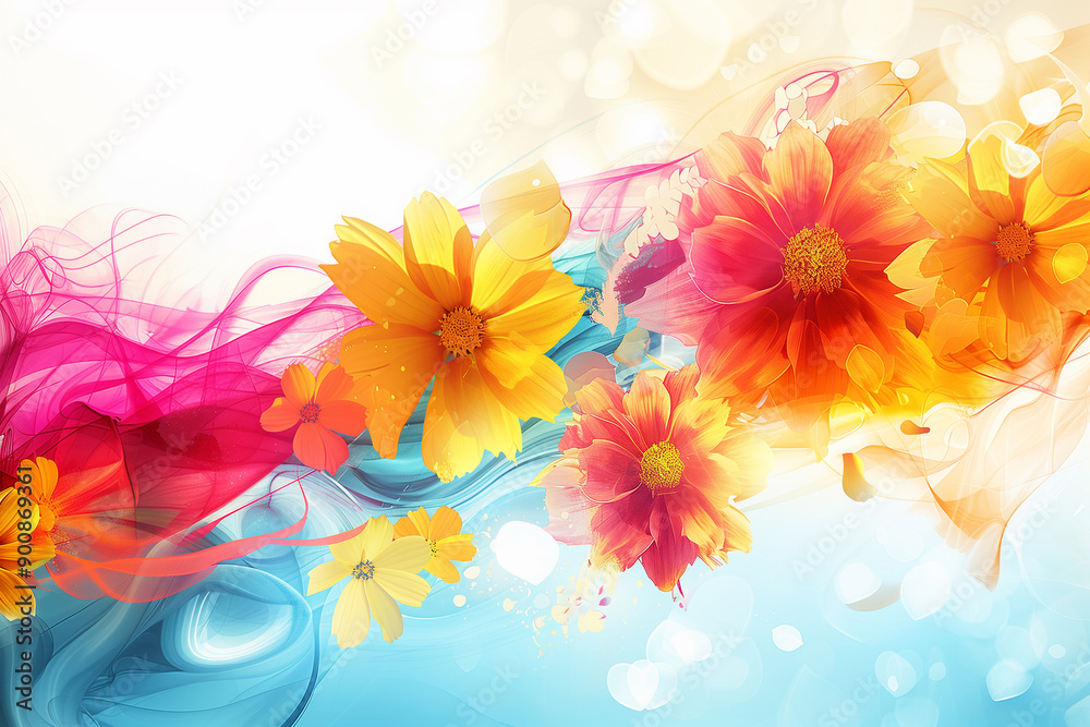 Summer abstract background with flying flowers.