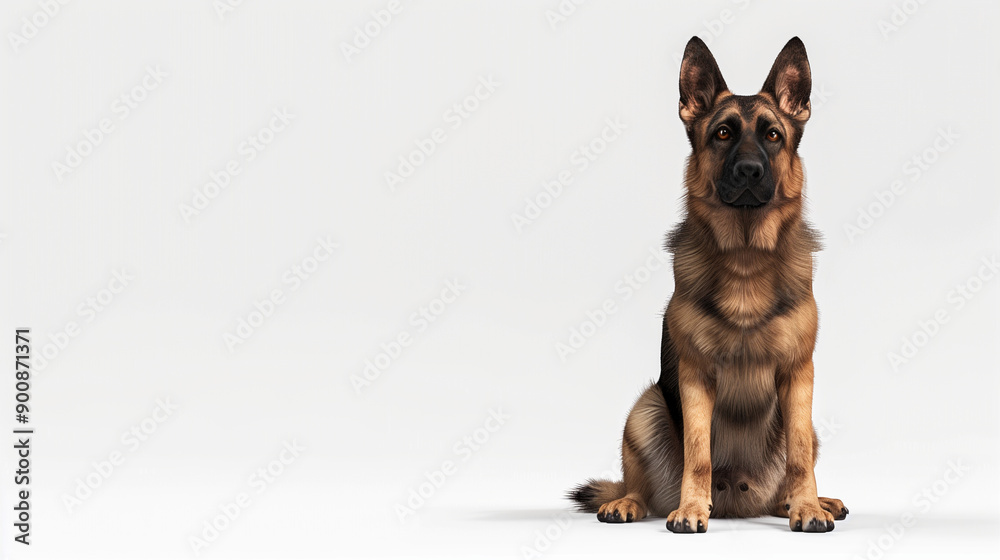 Fototapeta premium Full body portrait of a majestic German Shepherd dog sitting in a professional studio with a neutral background. Ideal for pet and animal themes