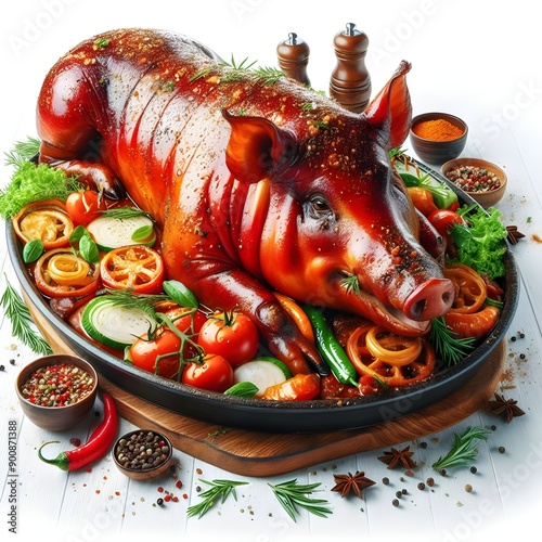 A whole pig is expertly roasted to perfection, showcasing crispy skin and juicy meat. It's garnished with fresh herbs, colorful vegetables, and aromatic spices, making it the centerpiece of a grand fe