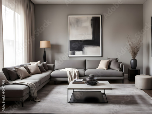 Stylish interior of living room with grey sofa and chest of drawers photo