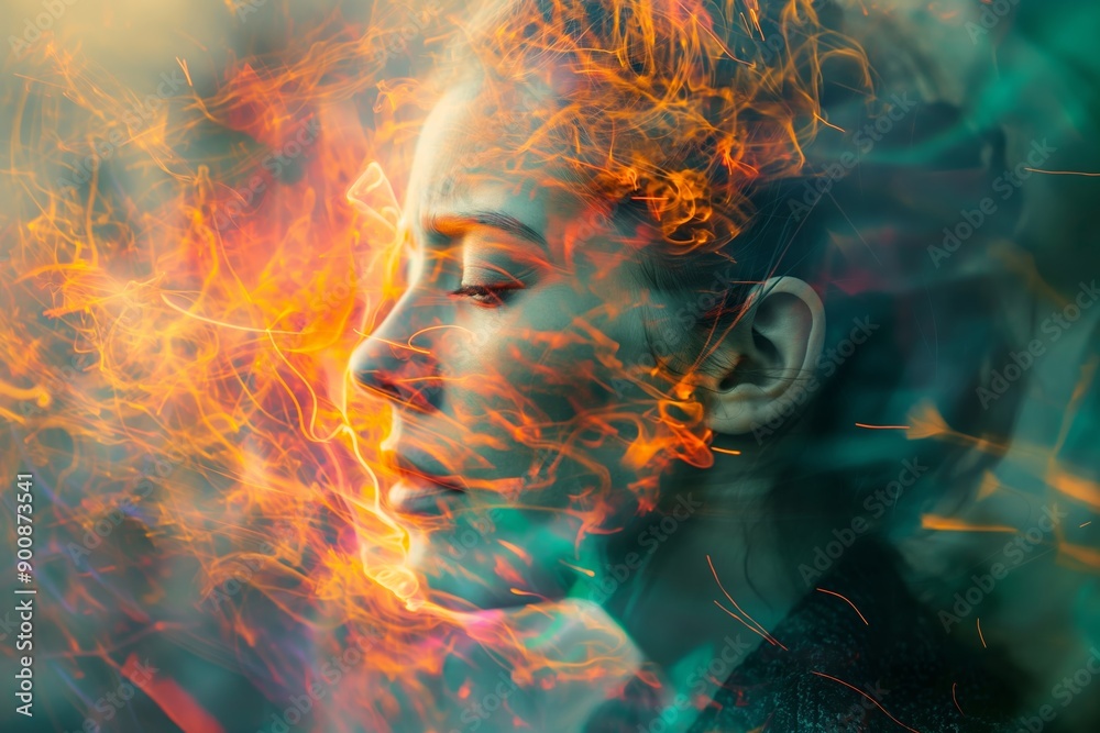 The image features a woman's profile, enveloped in dynamic, fiery-like abstract lights, giving a vivid visual impact. The image features a woman's profile, enveloped in dynamic, fiery-like abstract lights, giving a vivid visual impact.