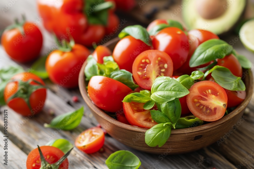 A bowl of fresh, ripe tomatoes and basil leaves is placed on a rustic wooden surface, highlighting natural simplicity and freshness. A bowl of fresh, ripe tomatoes and basil leaves is placed on a rustic wooden surface, highlighting natural simplicity and freshness.