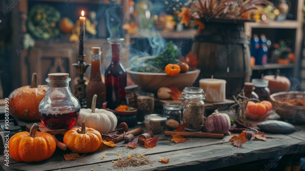 Magical potion shop. Witch's workplace background Magical potion shop. Witch's workplace background
