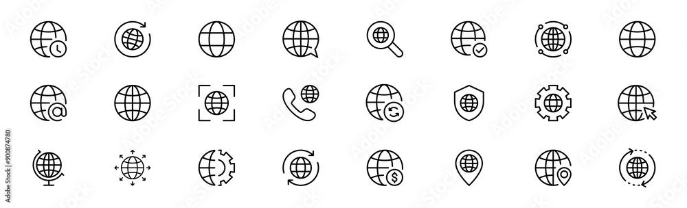 Website icon set. Web icons , World globe icon www internet network global icons collection. Editable stroke. Outline vector elements Website icon set. Web icons , World globe icon www internet network global icons collection. Editable stroke. Outline vector elements