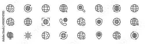 Website icon set. Web icons , World globe icon www internet network global icons collection. Editable stroke. Outline vector elements