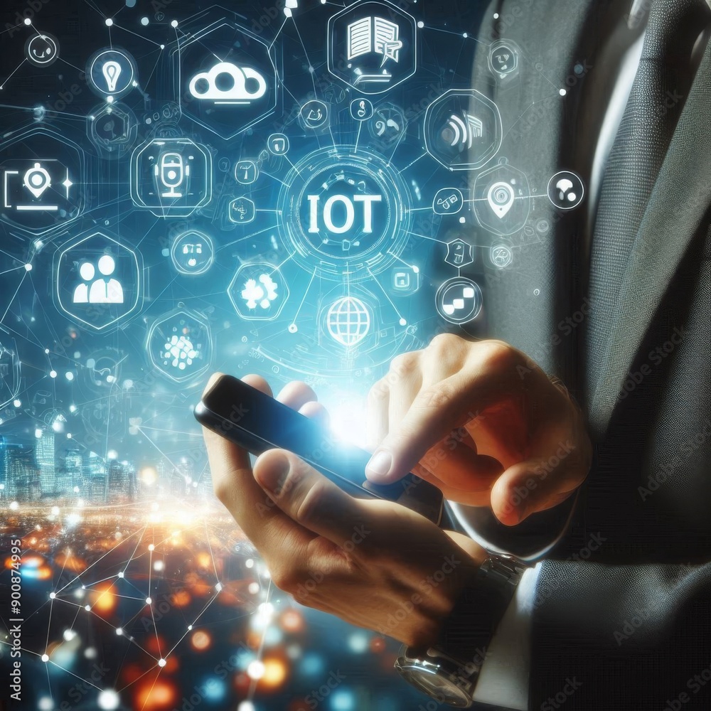 Businessman's hand holding a smartphone with IoT & technology, against social network background Businessman's hand holding a smartphone with IoT & technology, against social network background