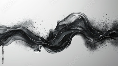 Abstract Black Background with Fluid Liquid Waves and Splashes, Dark Liquid Flow in Motion on White Backdrop, 3D Rendering Illustration for Banner, Poster, Wall Art, or Cover Background