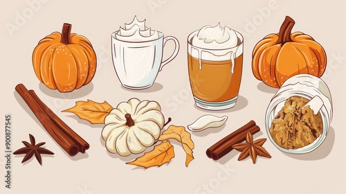 Pumpkin spice latte ingredients. Flat lay style background
