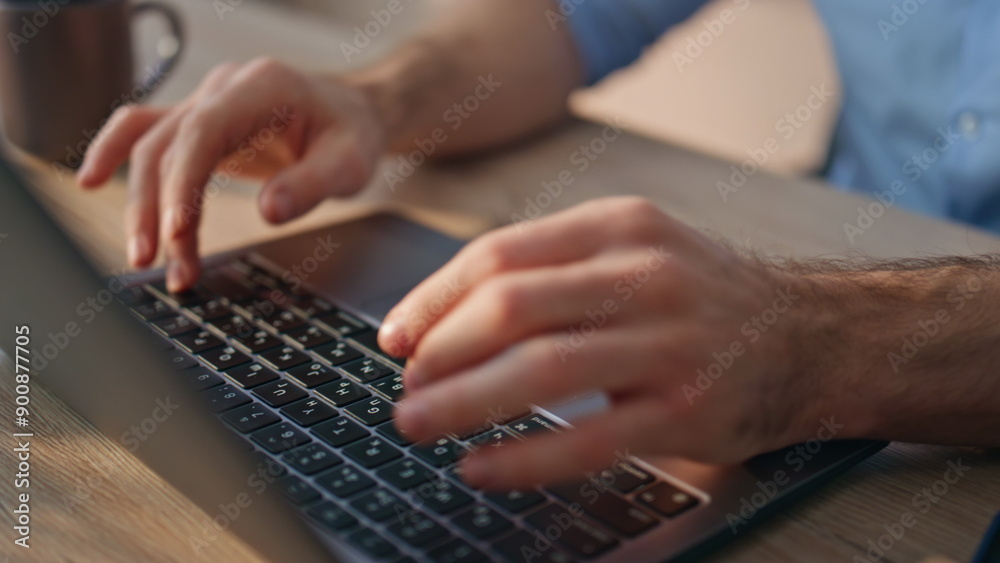 Freelancer hands typing laptop in sunlight closeup. Happy man finishing project Freelancer hands typing laptop in sunlight closeup. Happy man finishing project