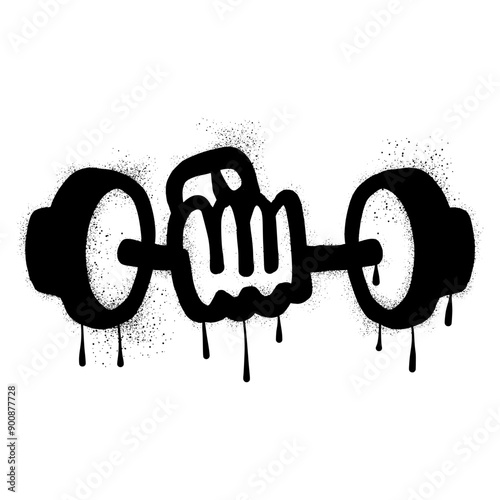 Graffiti of hand holding dumbbell with black spray paint