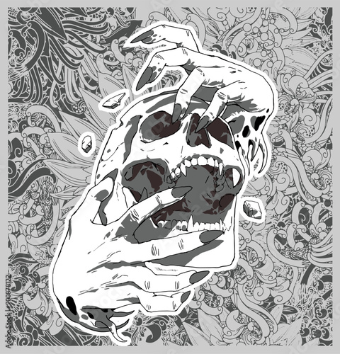 Graphic illustration of an evil hands clutching a skull