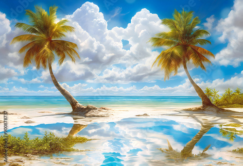 Idyllic tropical beach with palm trees, water reflections and sunlight bokeh