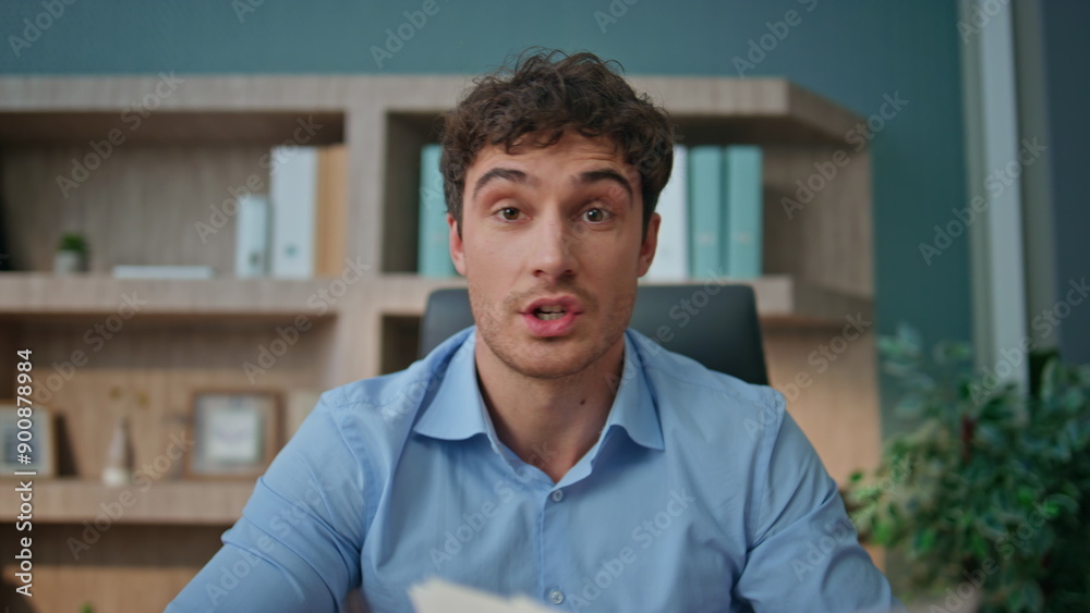Employee calling web camera at workspace closeup. Manager discuss market graph Employee calling web camera at workspace closeup. Manager discuss market graph