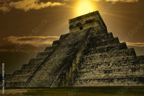 Obraz na płótnie Side of the Pyramid of Kukulkan (Chichén Itzá Mexico) where during the equinoxes