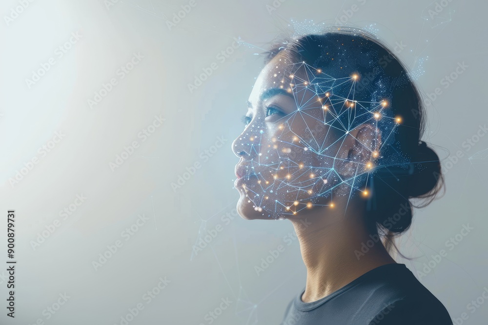 Profile of a woman with glowing neural connections representing thought processes and technology in a modern and vibrant style Profile of a woman with glowing neural connections representing thought processes and technology in a modern and vibrant style