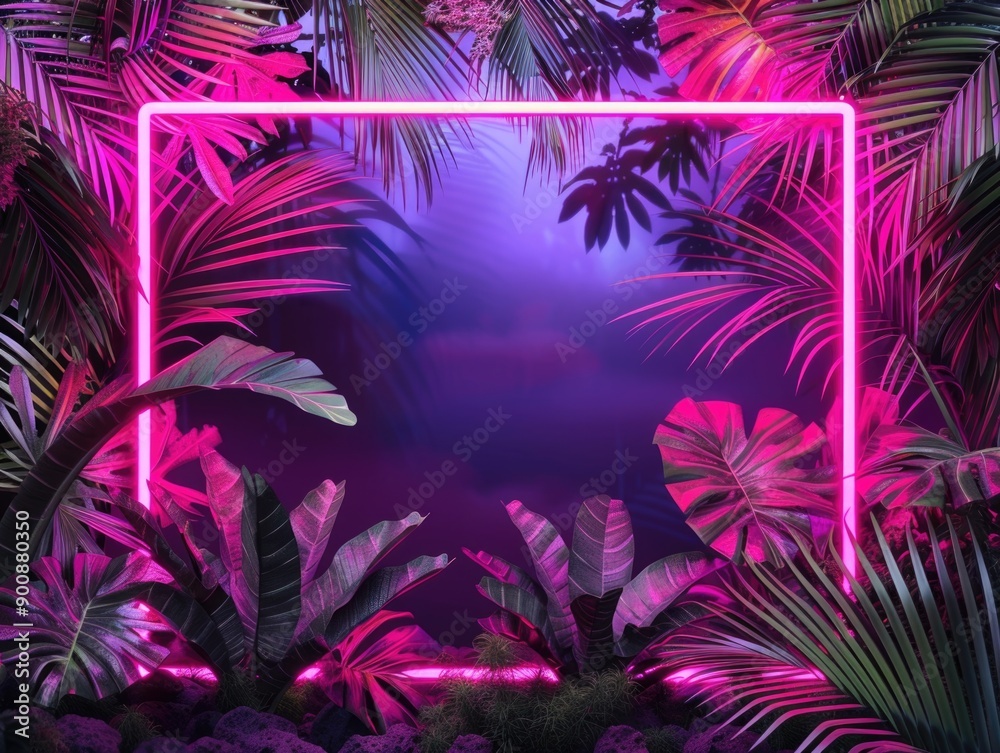 Neon frame surrounded by lush tropical plants, great for backgrounds or decoration Neon frame surrounded by lush tropical plants, great for backgrounds or decoration