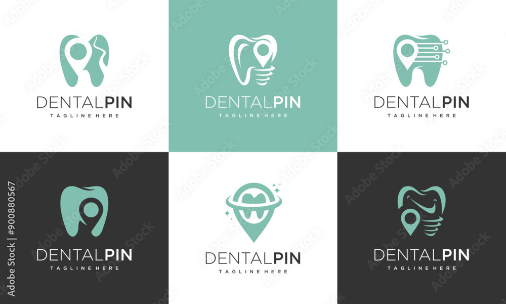 Minimalist dentistry logo template collection with location pin symbol logo design. Creative icons with modern line art logo set. Minimalist dentistry logo template collection with location pin symbol logo design. Creative icons with modern line art logo set.