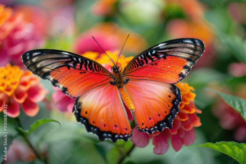 A butterfly with orange wings is sitting on a flower. The butterfly is surrounded by other flowers, creating a colorful and vibrant scene. Concept of beauty and tranquility A butterfly with orange wings is sitting on a flower. The butterfly is surrounded by other flowers, creating a colorful and vibrant scene. Concept of beauty and tranquility