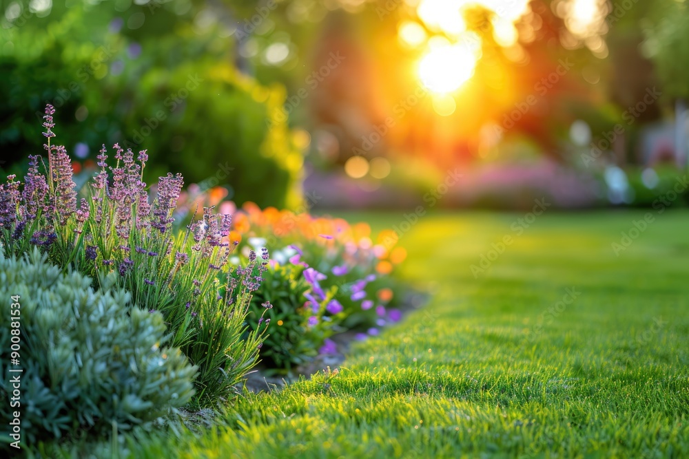 A beautiful garden with a green lawn and colorful flowers. The sun is shining brightly, creating a warm and inviting atmosphere A beautiful garden with a green lawn and colorful flowers. The sun is shining brightly, creating a warm and inviting atmosphere