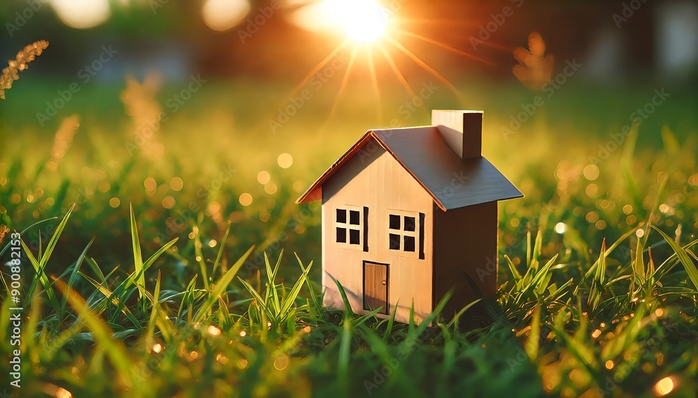 A miniature house made of cardboard standing on a grassy field during a beautiful moonlit night. The silvery moonlight illuminates the scene, creating A miniature house made of cardboard standing on a grassy field during a beautiful moonlit night. The silvery moonlight illuminates the scene, creating