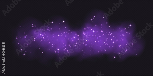 Purple magic smoke with stars and sparkles, fog with glowing particles, colorful vapor with star dust. Fantasy haze overlay. Vector illustration.