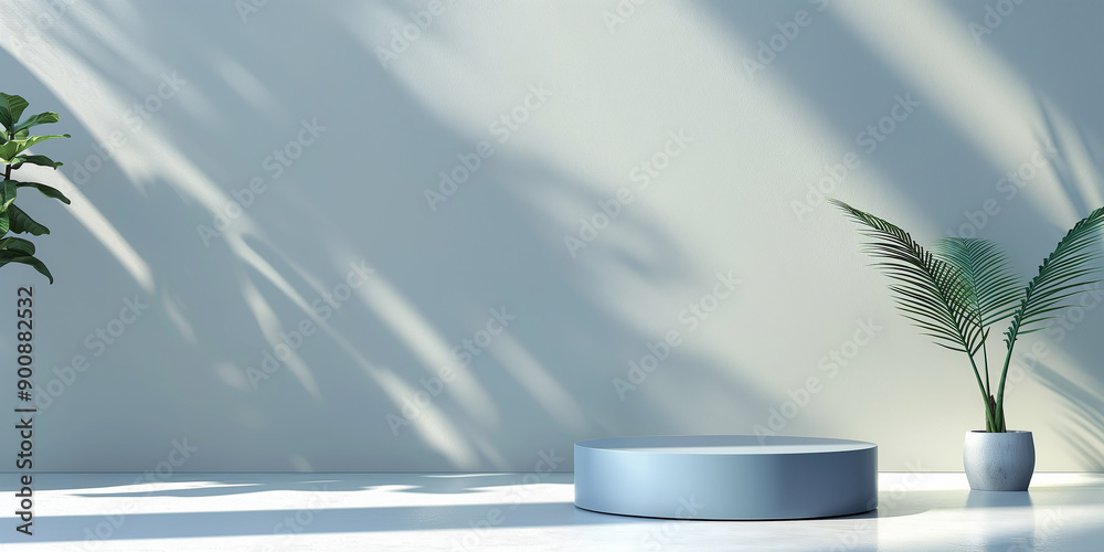 Empty blue podium displaying minimal style interior with plants casting shadows Empty blue podium displaying minimal style interior with plants casting shadows