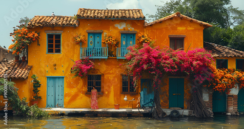 Blue door on yellow house with red shutters.