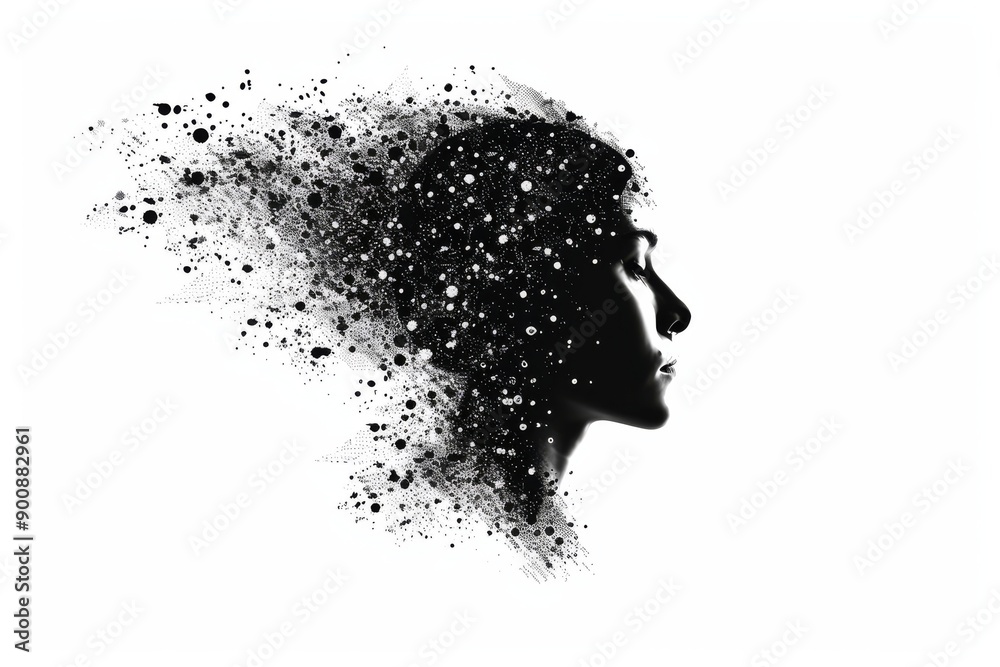 Monochrome profile of a head dissolving into particles symbolizing thought dispersion and memory fading in a minimalist and ethereal style Monochrome profile of a head dissolving into particles symbolizing thought dispersion and memory fading in a minimalist and ethereal style
