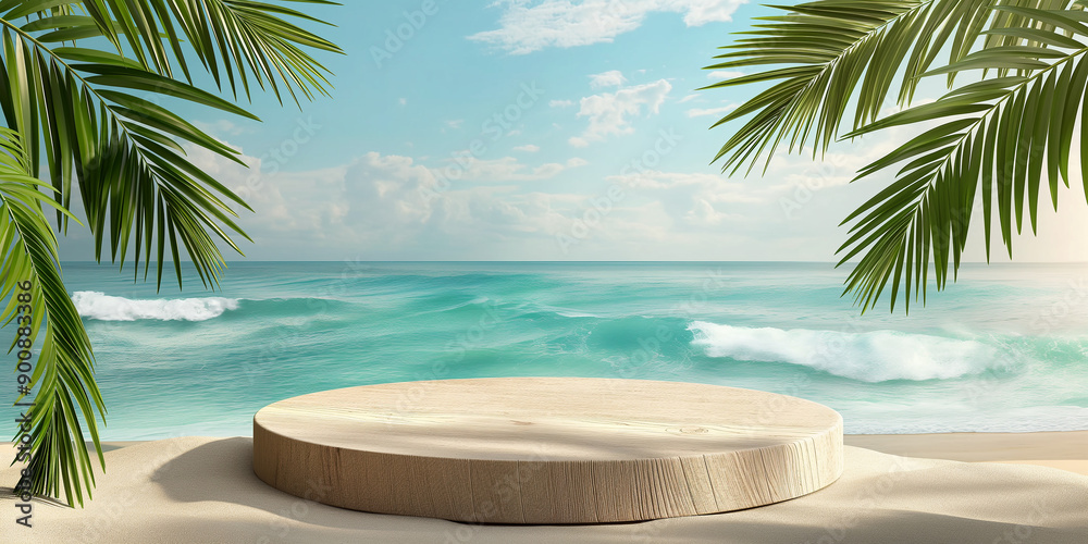 Obraz premium Empty wooden podium displaying product on sand with tropical beach and ocean waves background