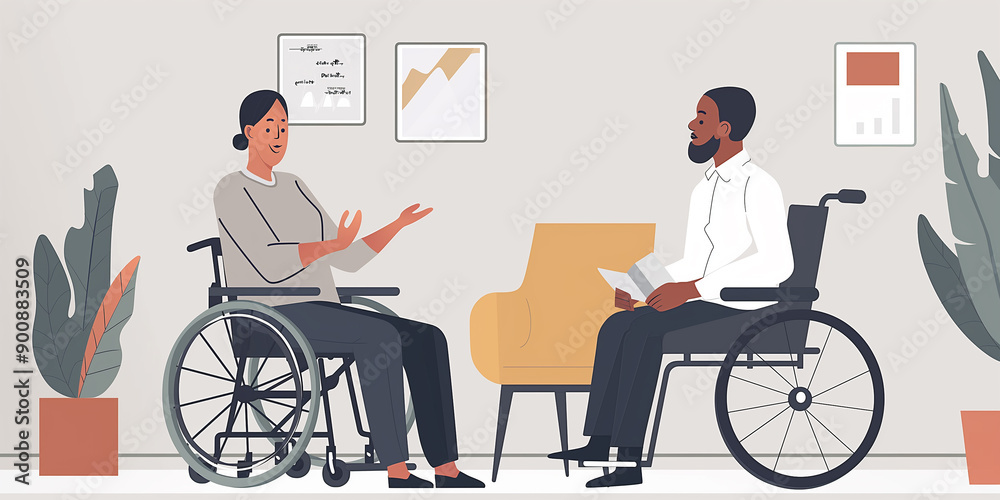 Two business people using wheelchairs having a conversation in the office Two business people using wheelchairs having a conversation in the office