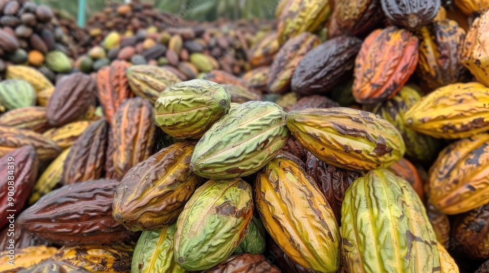 Fototapeta premium A pile of green, brown, and yellow cacao beans. The beans are piled on top of each other, creating a colorful and vibrant scene. Concept of abundance and richness
