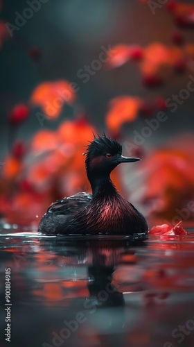 The little grebe also known as dabchick dark bird swims in the water  photo