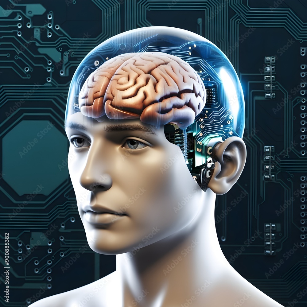 Obraz premium A realistic HD-quality photo of a human head that appears transparent, revealing a detailed robotic electronic circuitry inside.