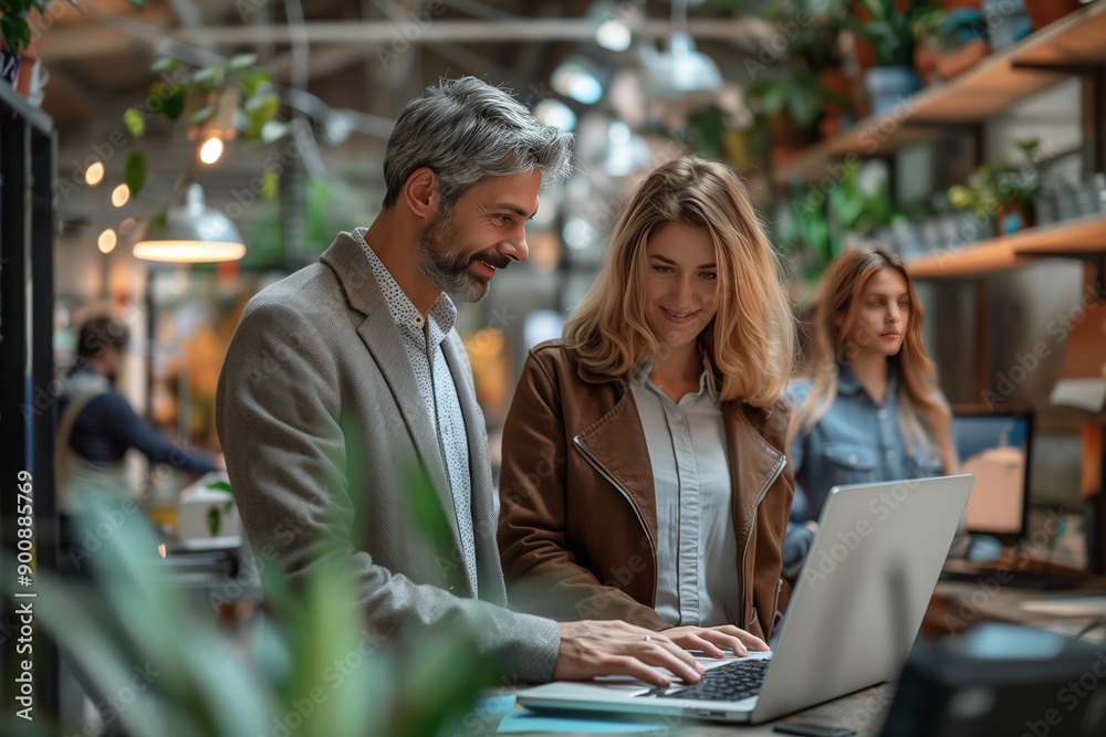 Man and Woman Working Together on Laptop in Modern Office Space Man and Woman Working Together on Laptop in Modern Office Space