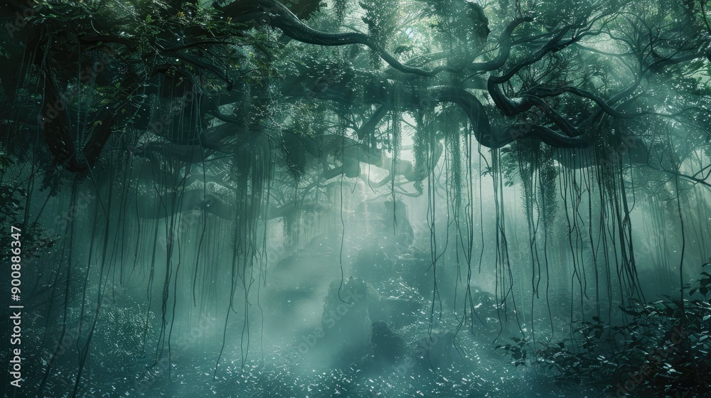 A forest with vines and trees. Scene is mysterious and eerie A forest with vines and trees. Scene is mysterious and eerie