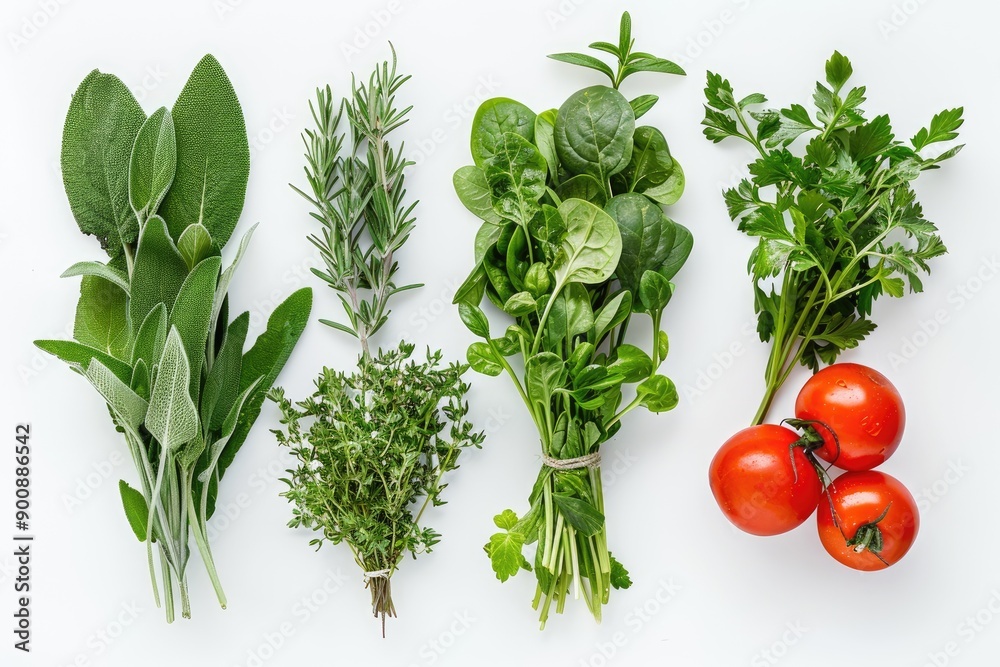 A bunch of herbs and vegetables including basil, parsley, and tomatoes. The herbs are tied together and the tomatoes are in the middle A bunch of herbs and vegetables including basil, parsley, and tomatoes. The herbs are tied together and the tomatoes are in the middle