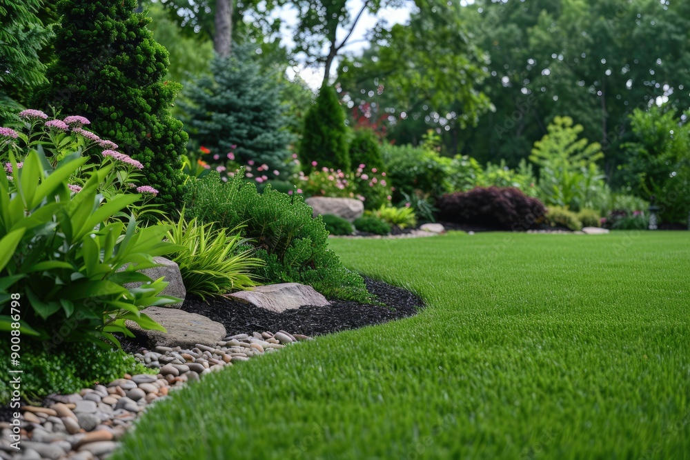 Obraz premium A lush green lawn with a rock border and a variety of flowers. The flowers are pink and purple, and the grass is a vibrant green