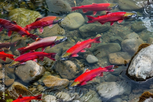 A group of red fish swimming in a river