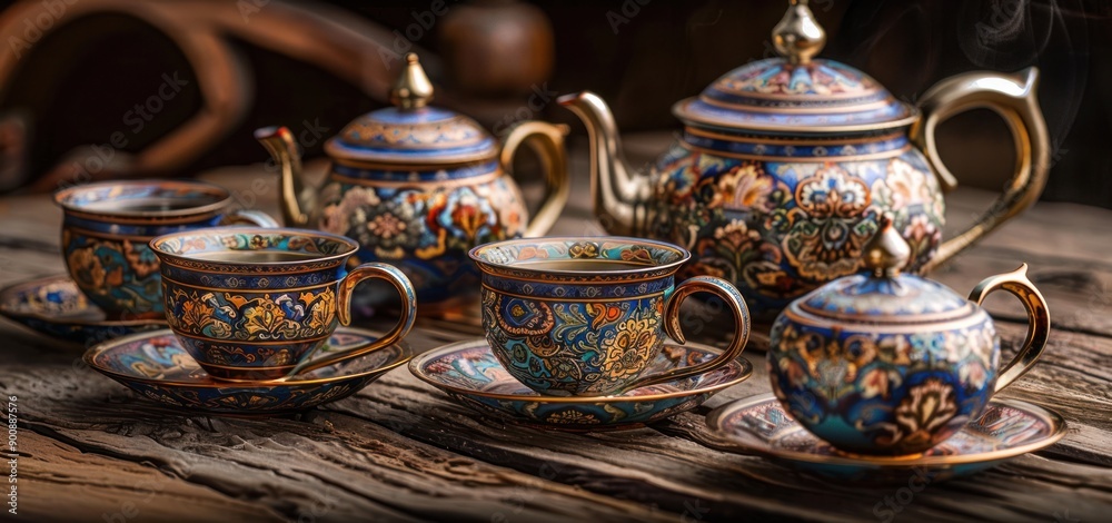 Fototapeta premium Classic bronze cups and teapots in Arabic style, traditional drinks menu