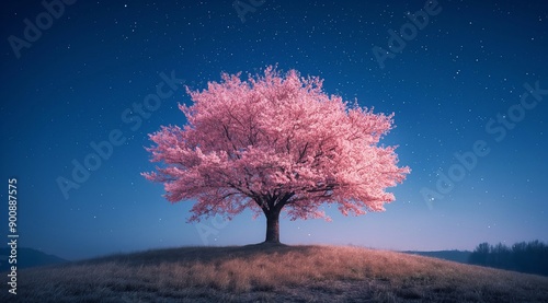 A cherry tree in full bloom on the hill at night. photo