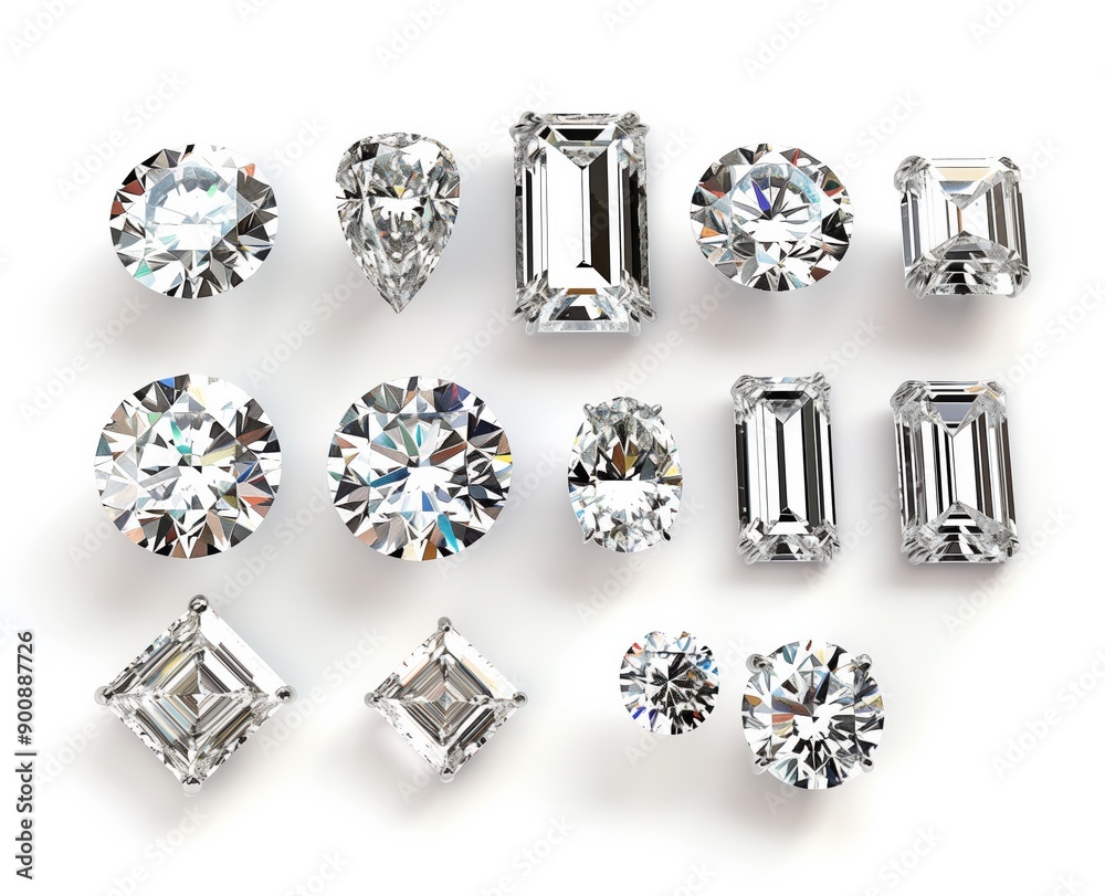 A collection of diamonds in different cuts : round, heart, square, and emerald, isolated on a white background. A collection of diamonds in different cuts : round, heart, square, and emerald, isolated on a white background.